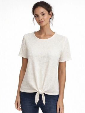 EVERLEIGH Cream Ribbed Short Sleeve Front Tie Top